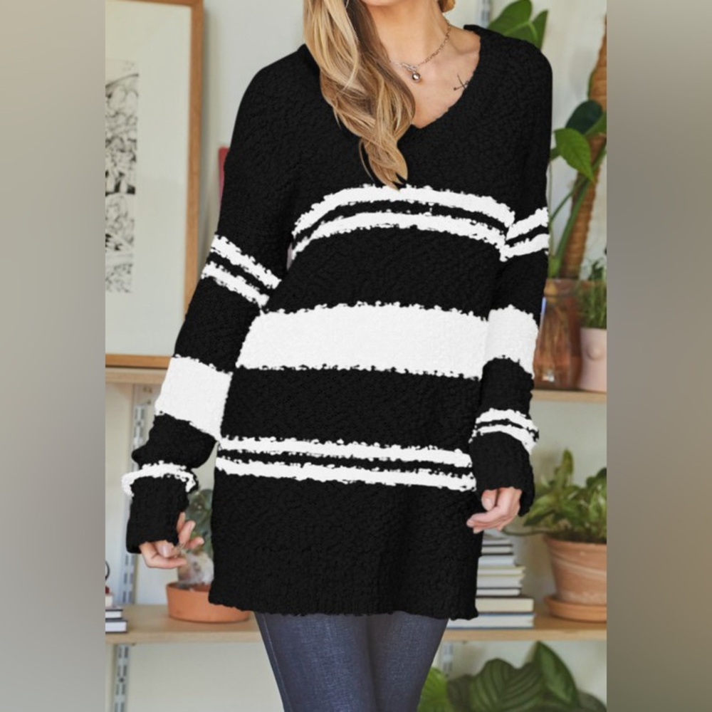 Stripe Cozy Thick Popcorn Knit V Neck Sweater